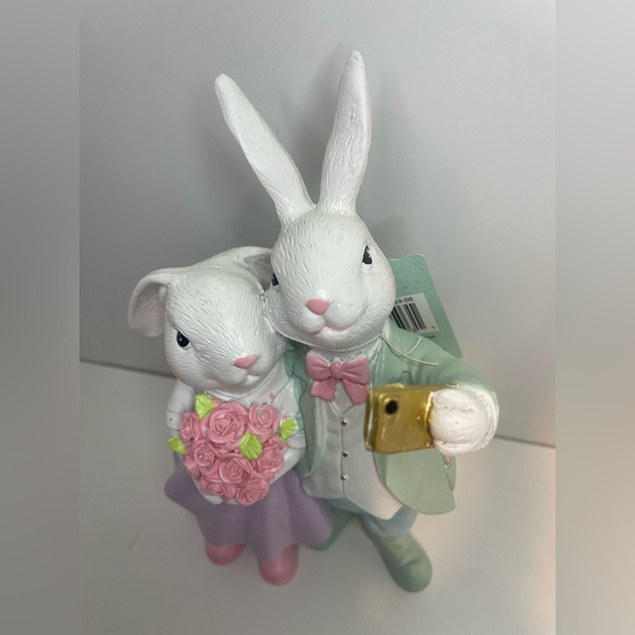 Easter Bunny Couple, Rabbit Figurine with Pink and Green Accents, Bunny Statue - Picture 3 of 6